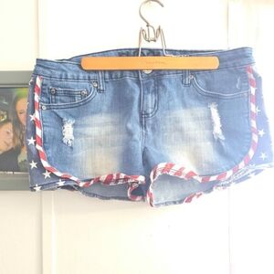 Rue 21 Distressed Denim Shorts- Patriotic Flag Trim Stars,Stripes Size 5/6